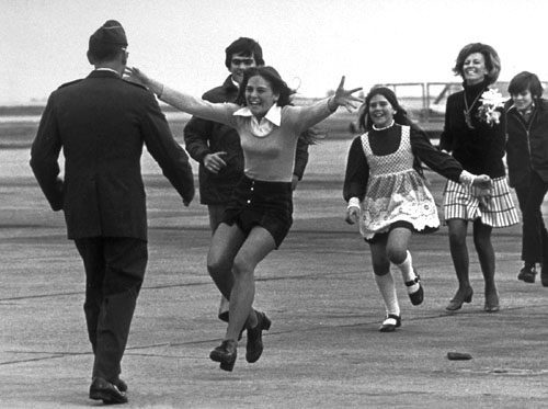 Released prisoner of war Lt. Col. Robert L. Stirm is greeted by his family at Travis Air Force Base in Fairfield, Calif., as he returns home from the Vietnam War, March 17, 1973.
