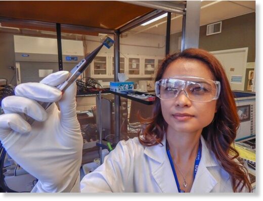 engineer Vanessa Tolosa holds up a brain implant