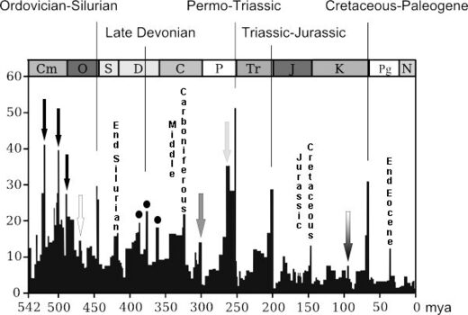 Uitstervingsgraad (% van geslachten) over de afgelopen 542 miljoen jaar.​
