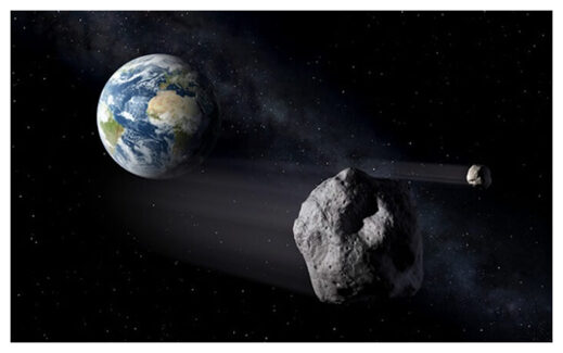 Near-Earth objects pass by our planet in this artist's rendering.
