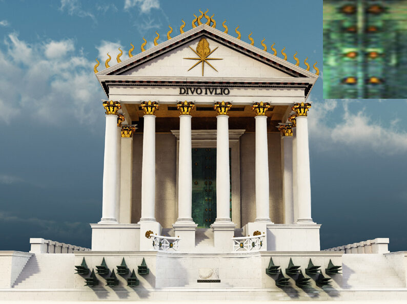Reconstructie van de Tempel van Divus Julius. Linksboven: uitvergroting van de deur en het kruis