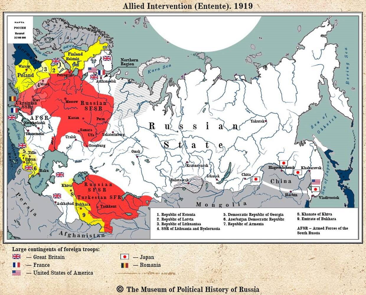 kaart rusland burgeroorlog westerse inmenging bolsjewieken wit-rusland amerika japan groot-brittannië
