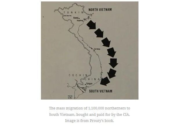 Klik om te vergroten De massamigratie van 1.100.000 noorderlingen naar Zuid-Vietnam, betaald door de CIA. Afbeelding komt uit het boek van Prouty.
