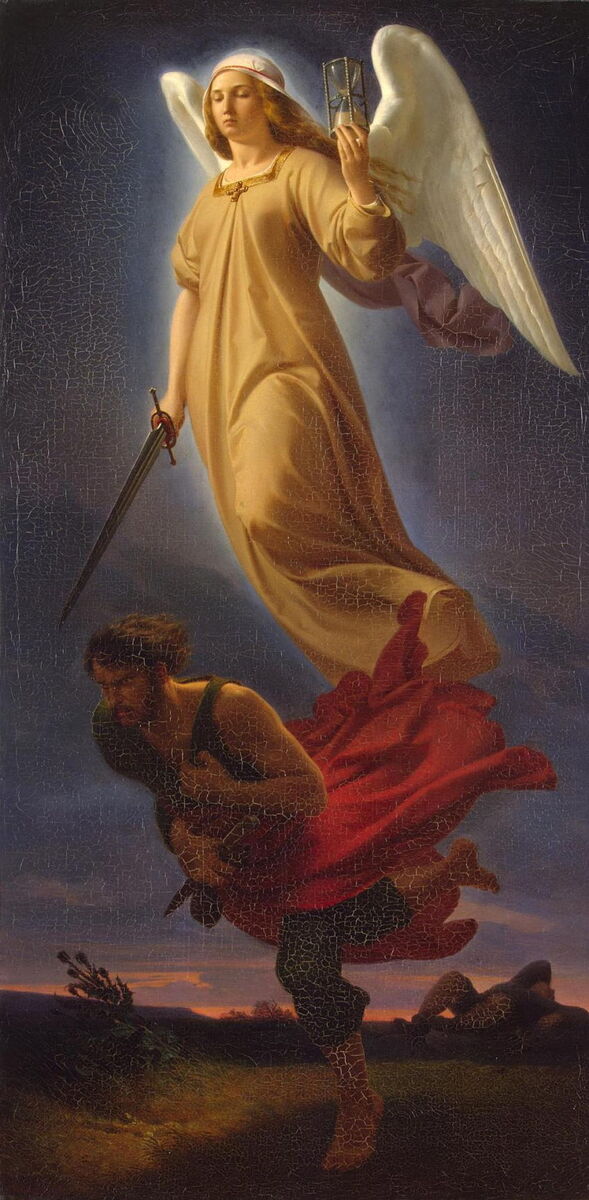 Gerechtigheid met weegschaal en zwaard achtervolgt de vluchtende moordenaar) (1837), olieverf op doek, 95 x 48 cm, Hermitage Museum Государственный Эрмитаж, Sint-Petersburg, Rusland