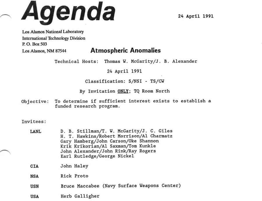 Klik om te vergroten Een document dat vermoedelijk afkomstig is van het Los Alamos National Laboratory toont de agenda van een vergadering uit 1991.