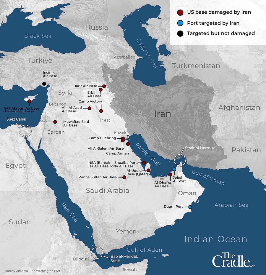 Klik om te vergroten kaart van door Iran vernietigde Amerikaanse bases in het Midden-Oosten
